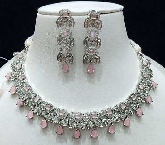Zircon Necklace By Chokerset Colour Pink, Plating Silver CSNA4466