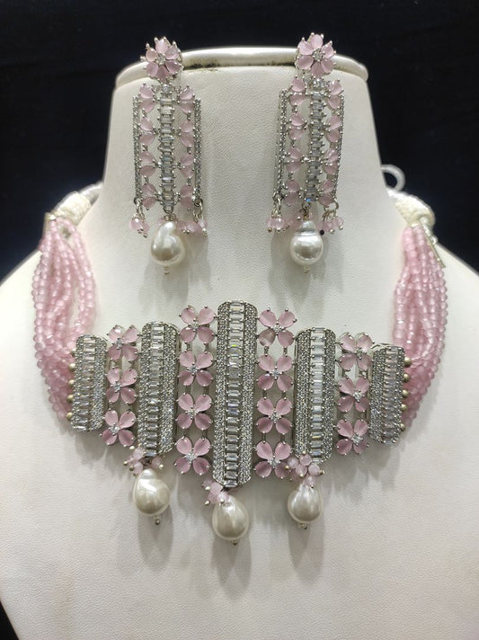 Pink Colour Silver Plating Necklace By Chokerset CSNAD706