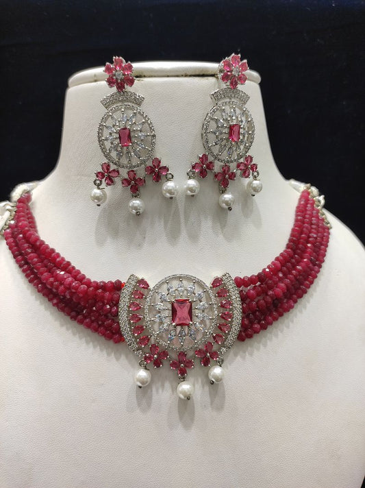 Ruby Colour Silver Plating Necklace By Chokerset CSNAD714