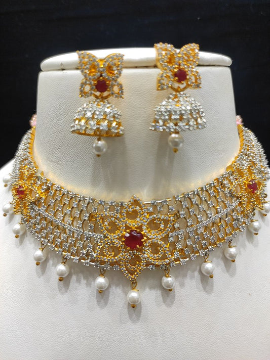 Ruby Colour Gold Plating Necklace By Chokerset CSNAD726