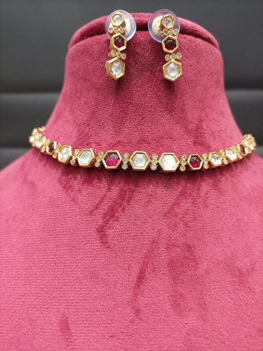 Kundan Necklace By Chokerset Colour Ruby, Plating Gold CSKS4374