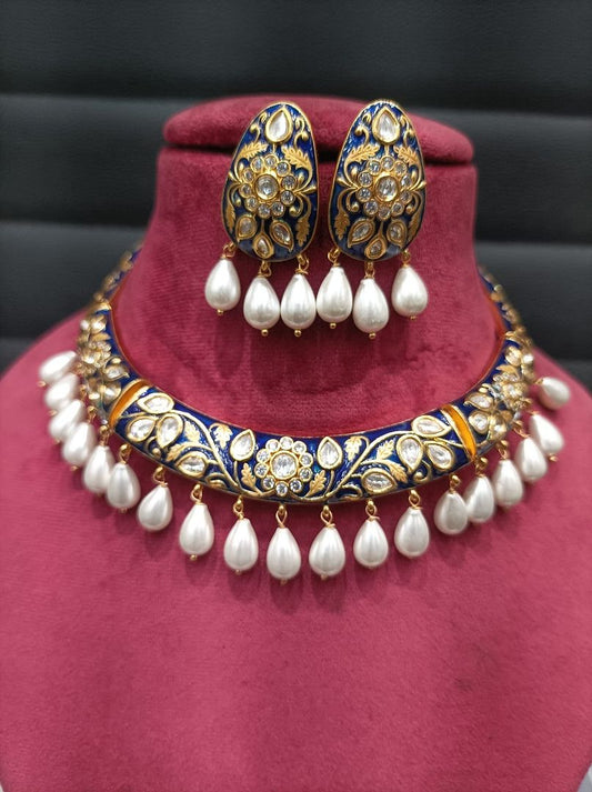 Kundan Necklace By Chokerset Colour Blue, Plating Gold CSKS4355