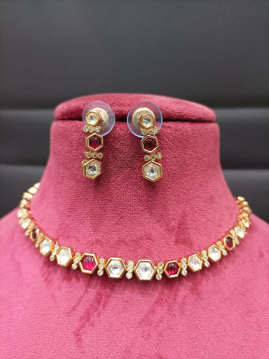 Kundan Necklace By Chokerset Colour Ruby, Plating Gold CSKS4373