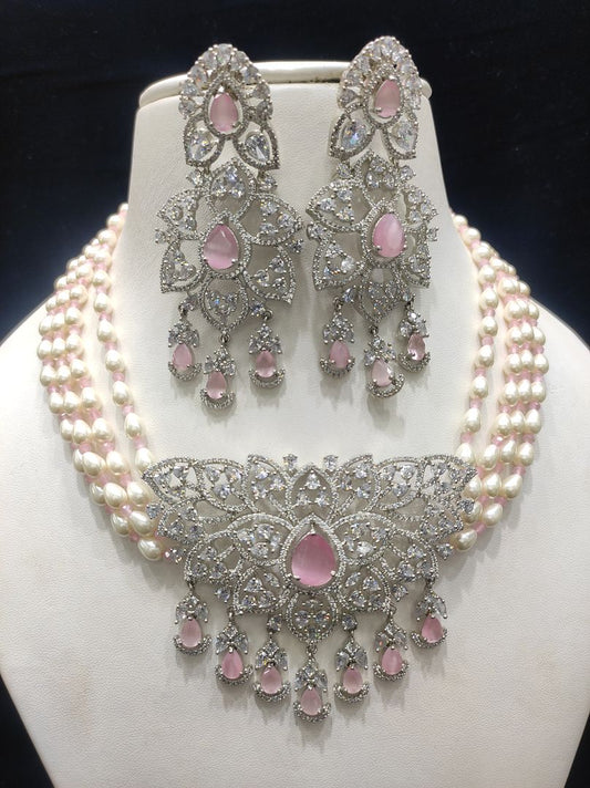 Pink Colour Silver Plating Necklace By Chokerset CSNAD708