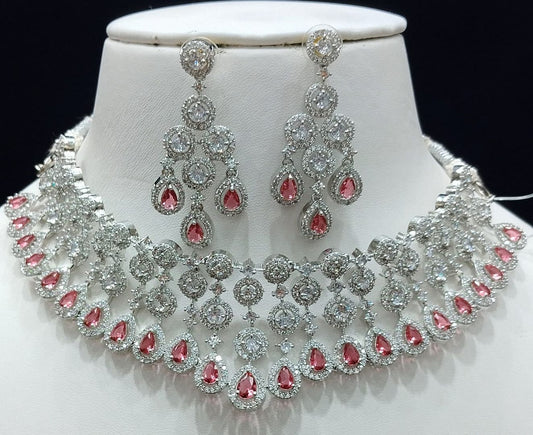 Zircon Necklace By Chokerset Colour Pink, Plating Silver CSNA4472