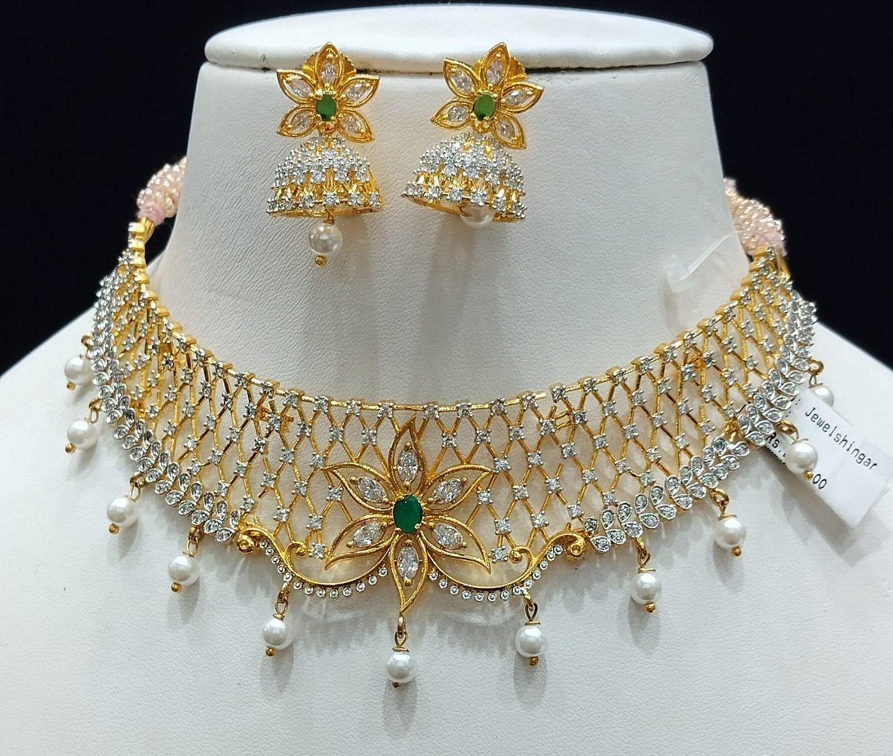Zircon Necklace By Chokerset Colour Green, Plating Gold CSNA4445