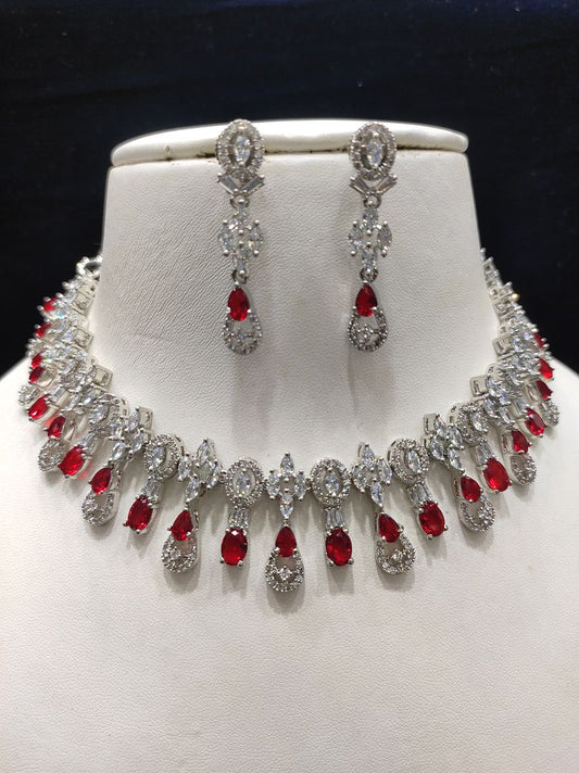 Ruby Colour Silver Plating Necklace By Chokerset CSNAD710