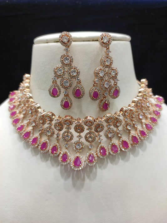 Ruby Colour Gold Plating Necklace By Chokerset CSNAD728