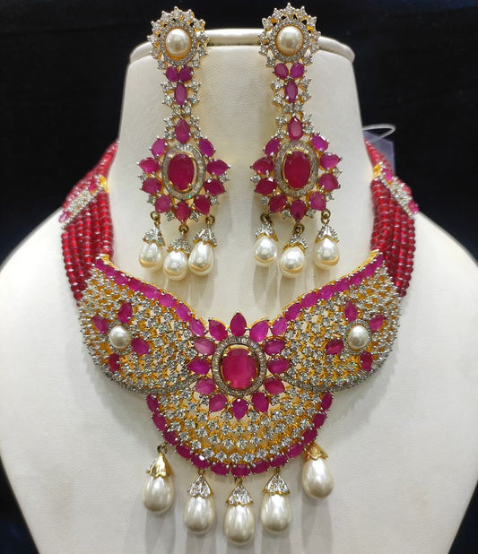 Ruby Colour Gold Plating Necklace By Chokerset CSNAD736