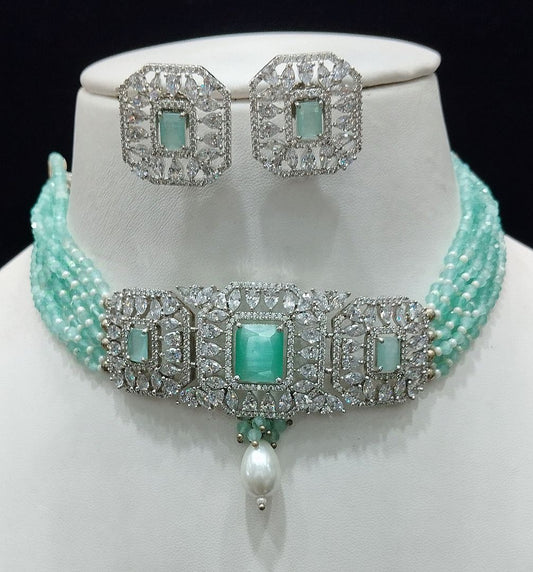 Pista Green Colour Silver Plating Necklace By Chokerset CSNAD793