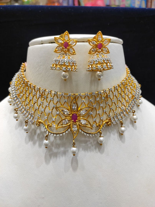 Ruby Colour Gold Plating Necklace By Chokerset CSNAD725