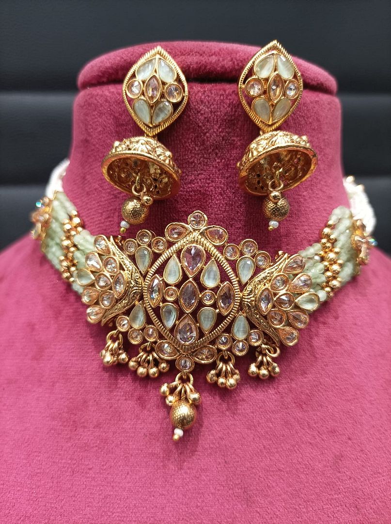 Polki Antique Necklace By Chokerset Colour Pista Green, Plating Gold CSKS4370
