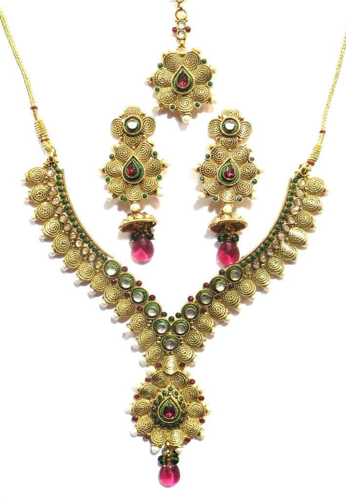 Jewelshingar Antique Polki Kundan Gold Plated Necklace Set For Women ( 10420-snt2 ) - JEWELSHINGAR