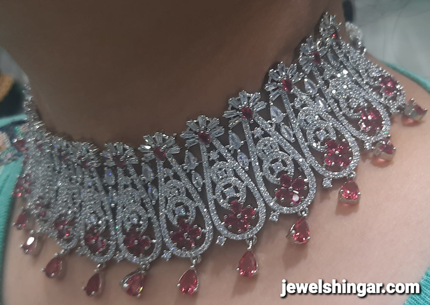 JEWELSHINGAR FINE RUBY ZIRCON SILVER PLATED DIAMOND LOOKING NECKLACE SET IN CHOKER STYLE WITH EARRINGS FOR GIRLS (233653JS)