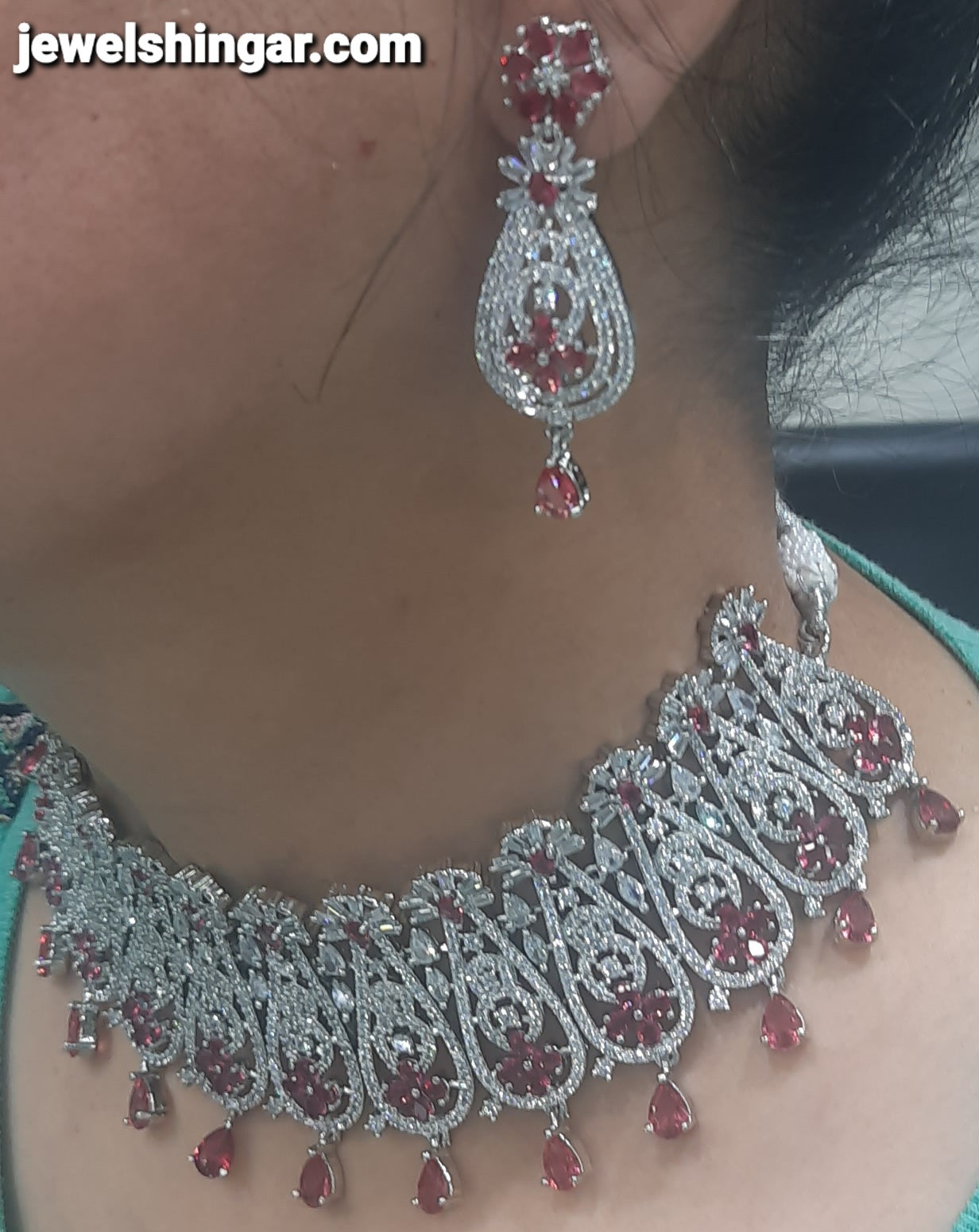 JEWELSHINGAR FINE RUBY ZIRCON SILVER PLATED DIAMOND LOOKING NECKLACE SET IN CHOKER STYLE WITH EARRINGS FOR GIRLS (233653JS)