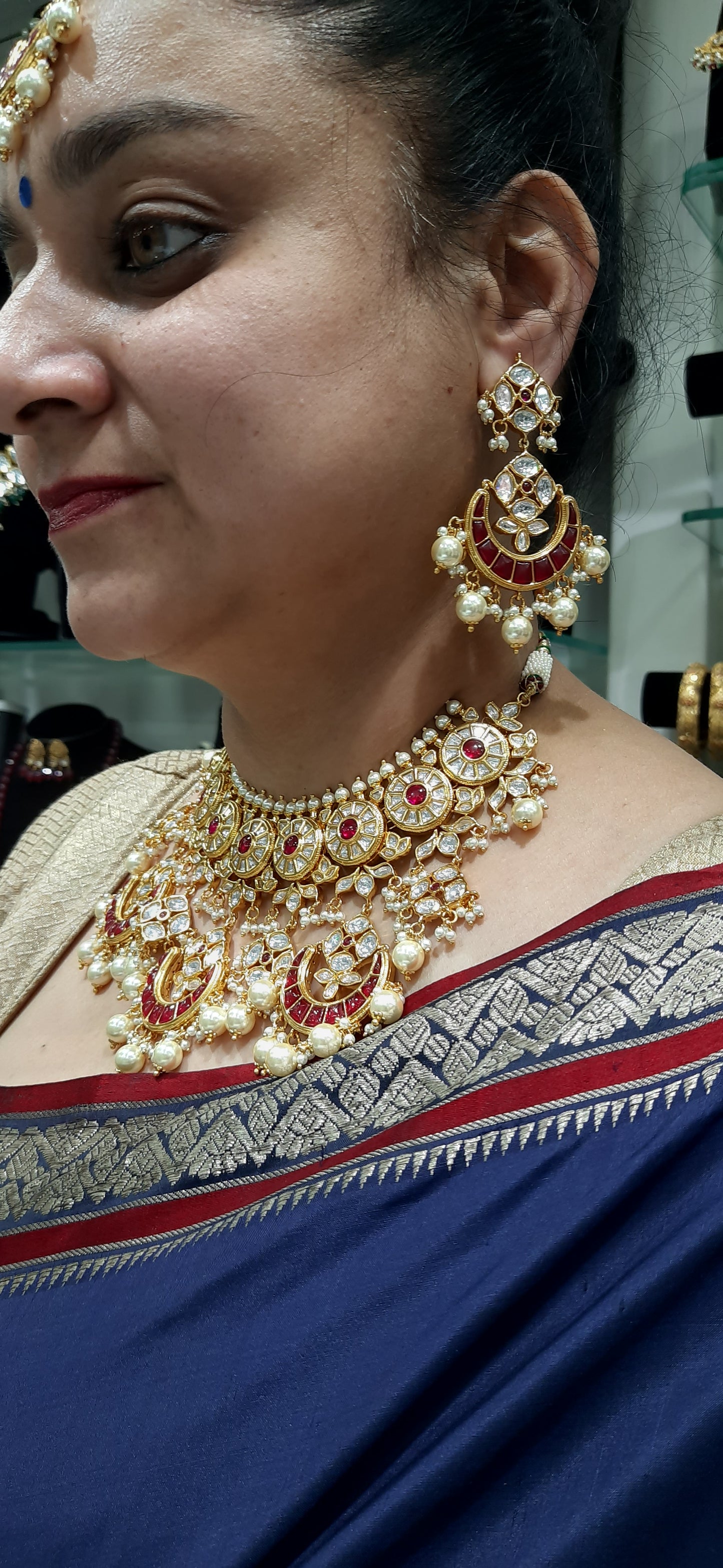 Jewelshingar fine necklace choker Ruby polki kundan with earrings and maangtikka (182018JS)