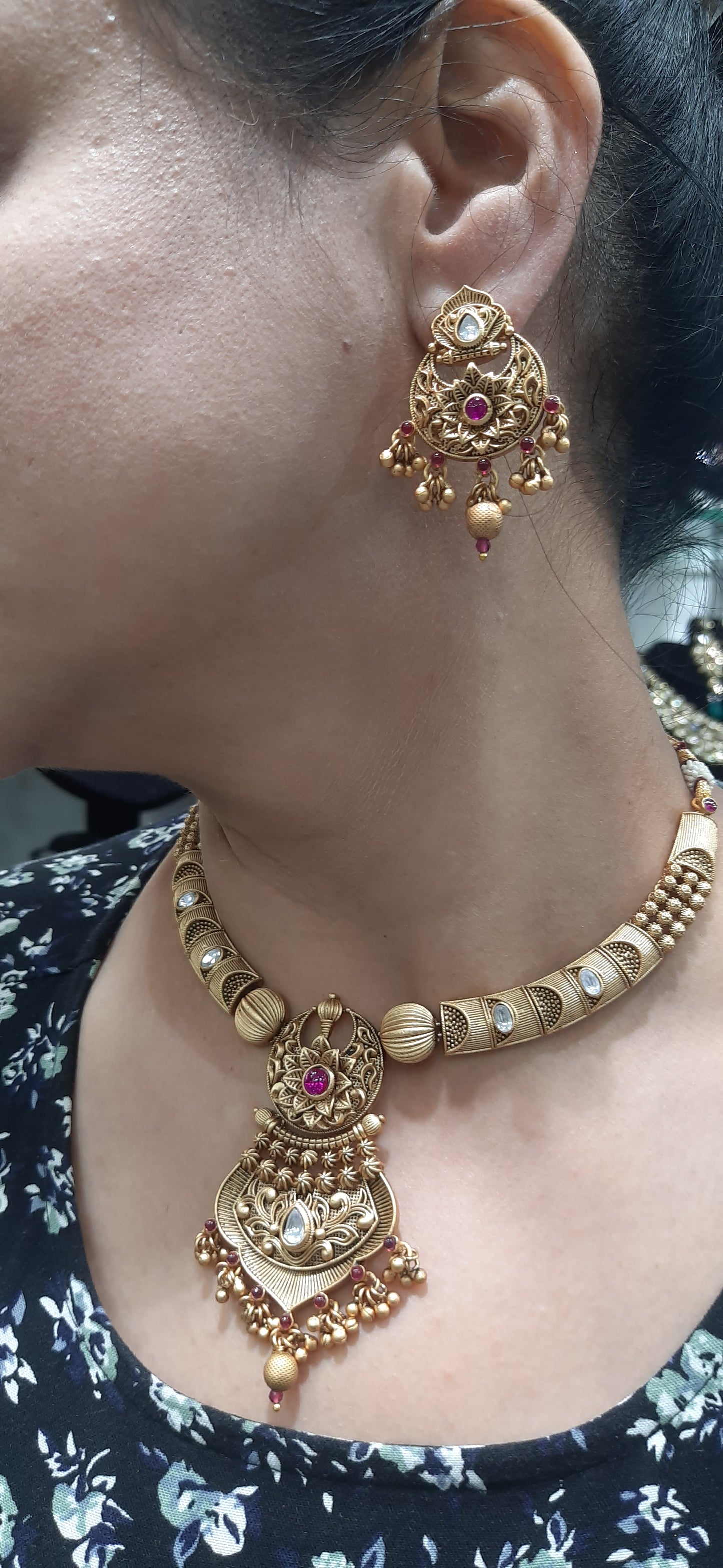 Jewelshingar Antique Polki Kundan Necklace Set In Fine Quality Jewellery ( 184647AST)