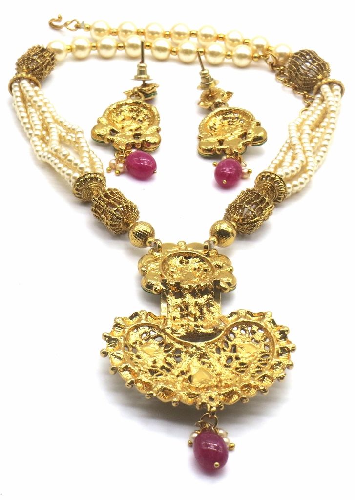 Jewelshingar Jewellery Antique Gold Plated Colour Ruby Pendant Set For Women ( 46406-ps )
