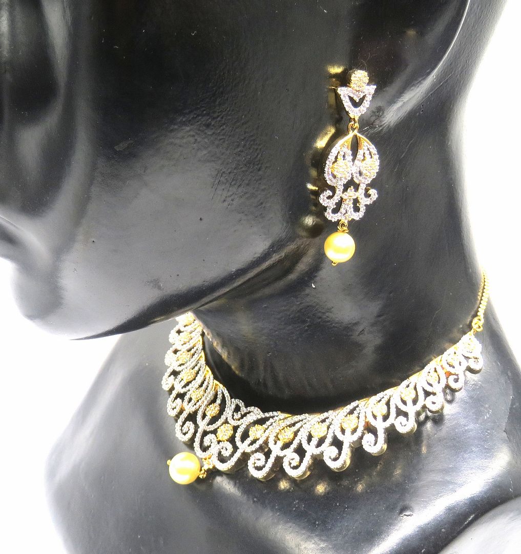 Jewelshingar Jewellery Silver Gold Plated Colour Clear Necklace Set For Women ( 49412-nad )