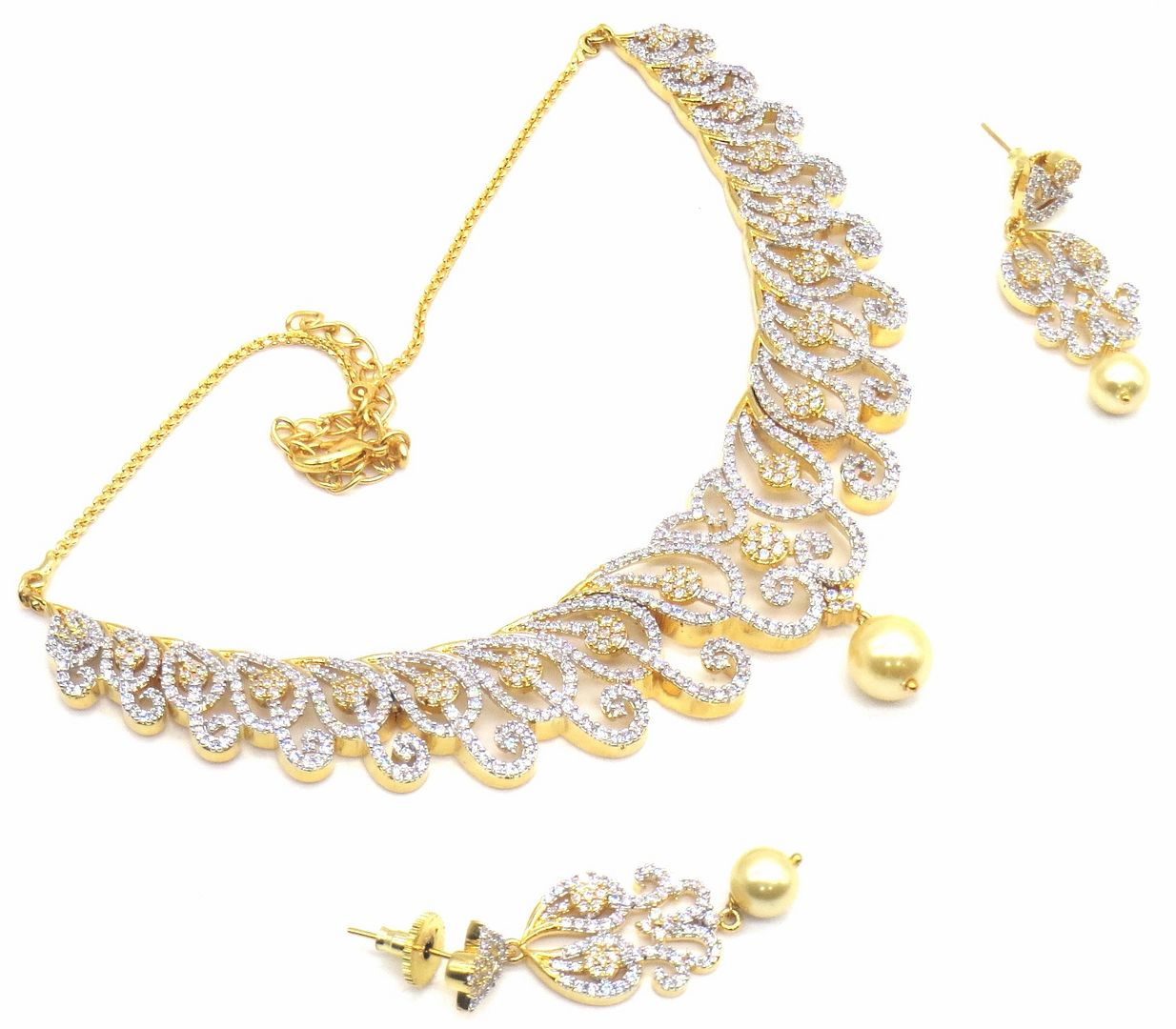 Jewelshingar Jewellery Silver Gold Plated Colour Clear Necklace Set For Women ( 49412-nad )