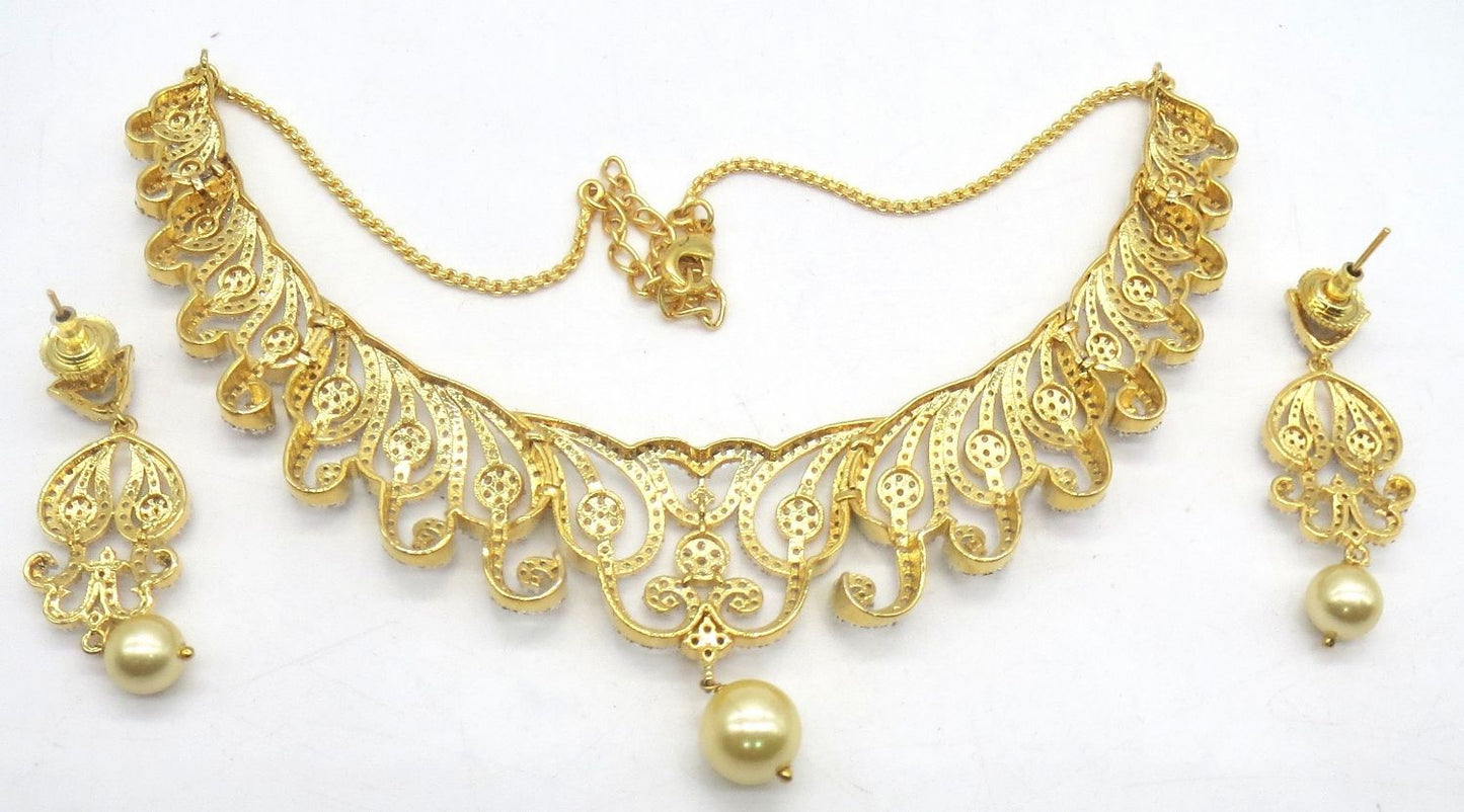Jewelshingar Jewellery Silver Gold Plated Colour Clear Necklace Set For Women ( 49412-nad )