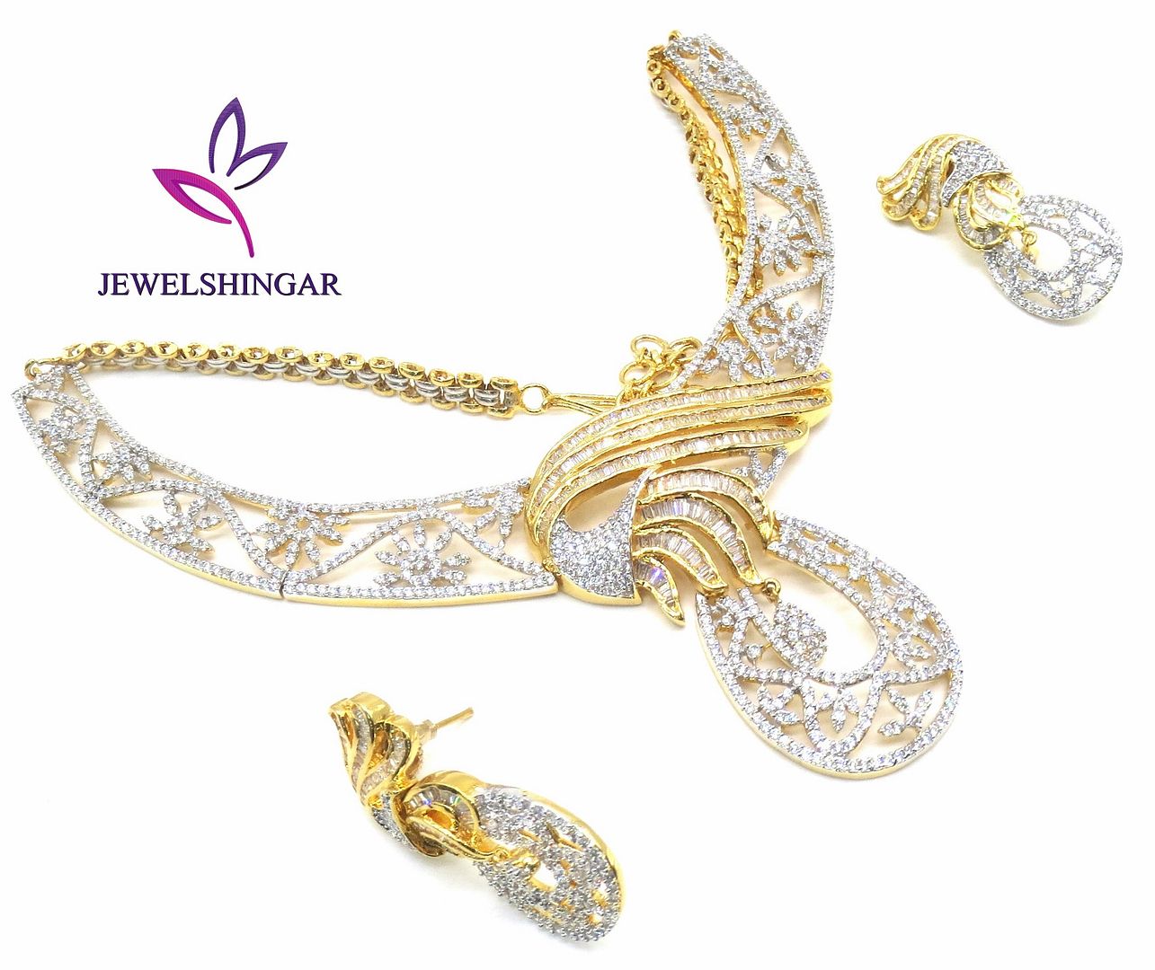 Jewelshingar Jewellery White Gold Plated Colour Clear Necklace Set For Women ( 51023NAD )