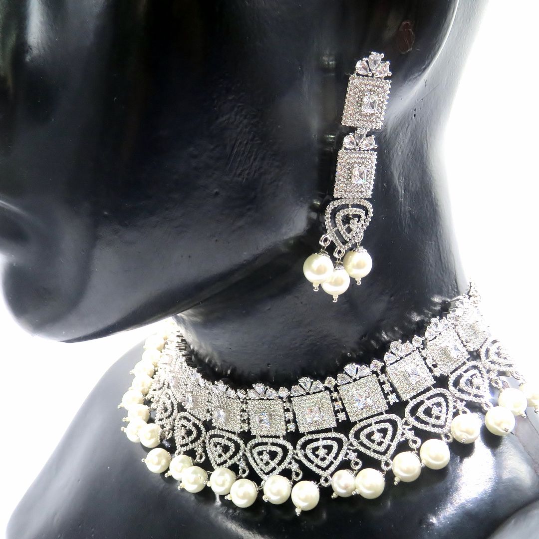 Jewelshingar Jewellery Rhodium Plated Colour Clear Necklace Set For Women ( 51391NAD )