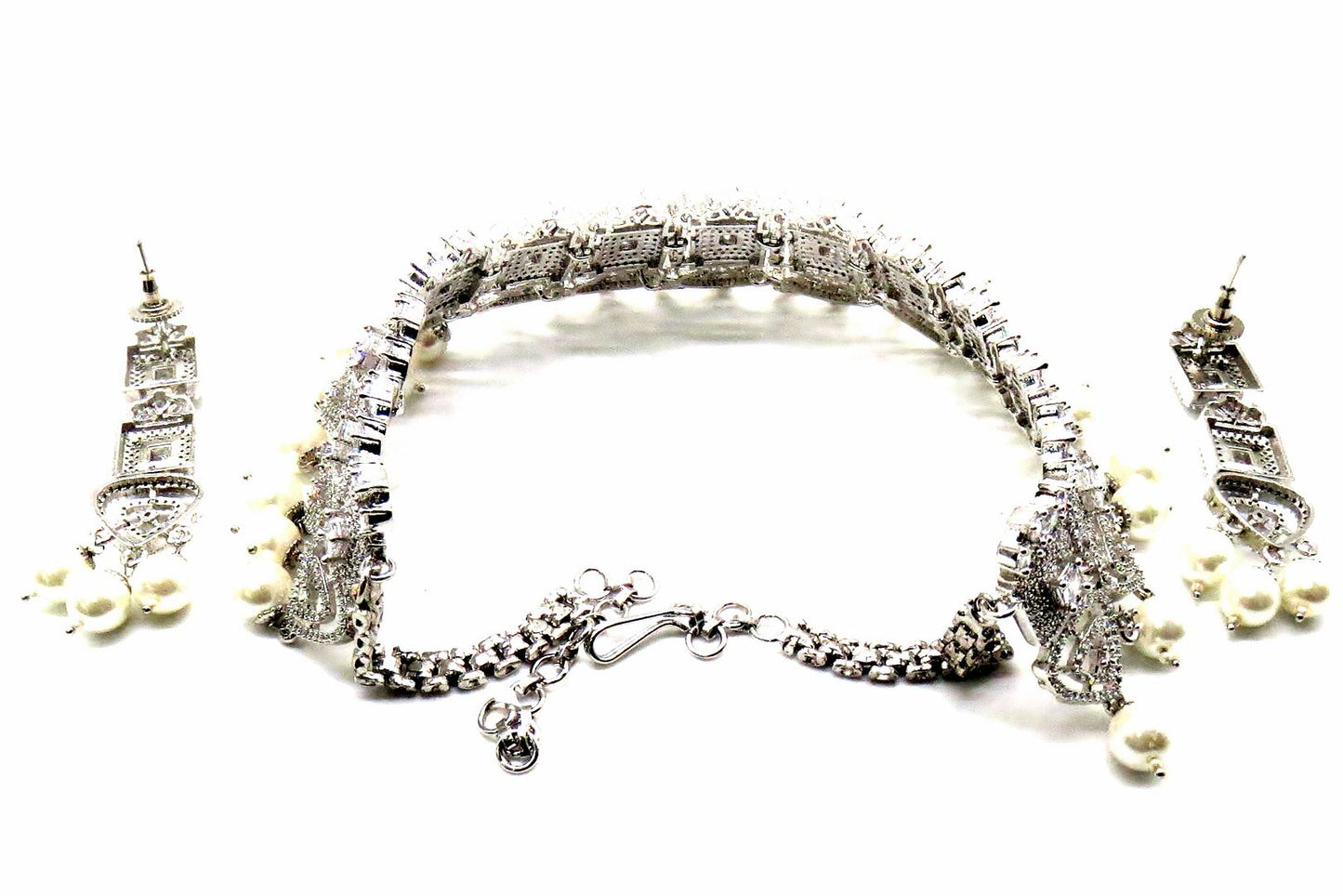 Jewelshingar Jewellery Rhodium Plated Colour Clear Necklace Set For Women ( 51391NAD )