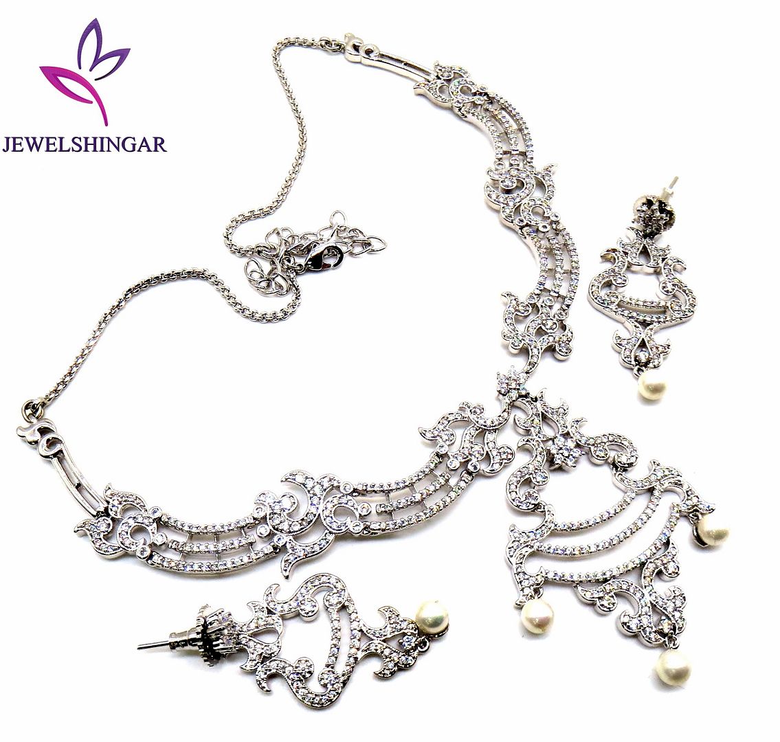 Jewelshingar Jewellery Rhodium Plated Colour Clear Necklace Set For Women ( 51405DCS )