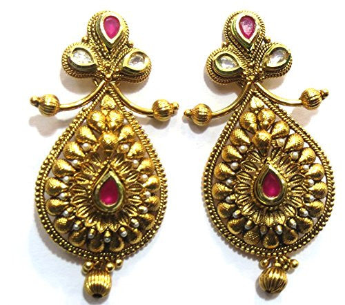 Jewelshingar Women's Antique Gold Plated Polki Kundan Moti Blue Colour Earrings Danglers Jhumki Blue Jewellery ( 6699-pe-blue ) - JEWELSHINGAR