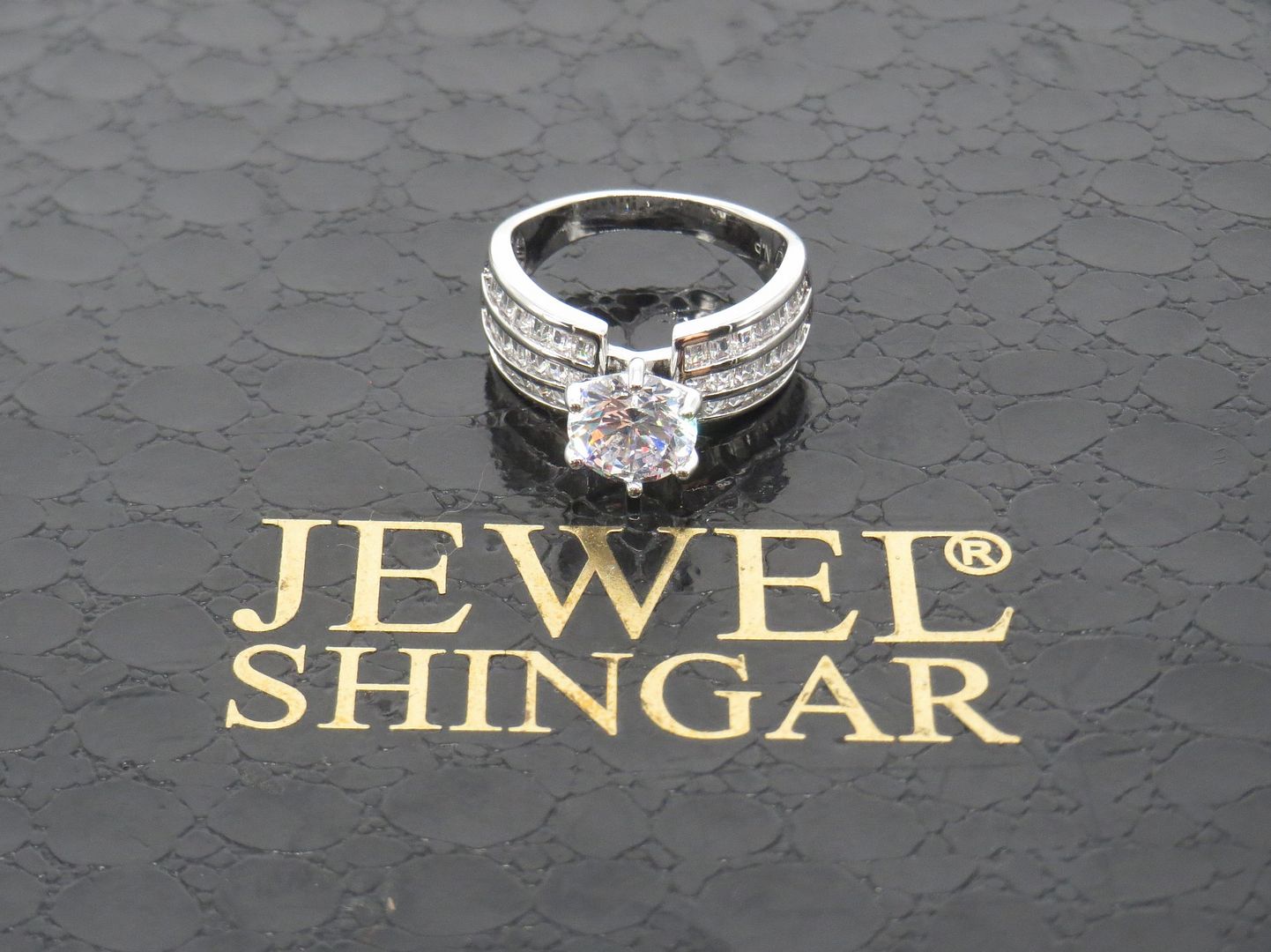 Jewelshingar Jewellery Fine 925 Silver Plated Austrian Diamond Solitare Look Ring In Beautiful Jewellery Box For Gifting For Woman ( 58529RIN )