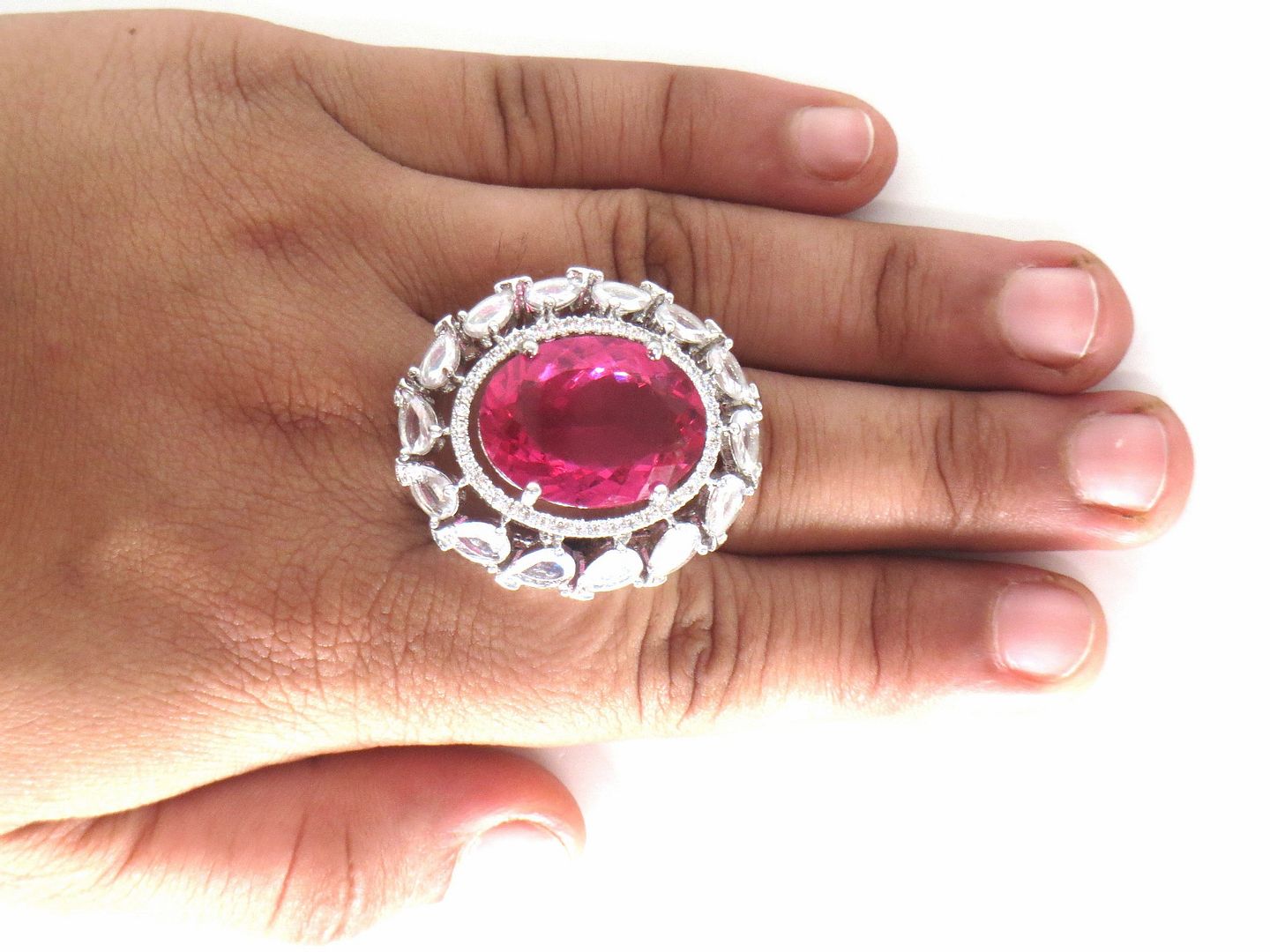 Jewelshingar Jewellery American Diamond Pink Colour Size 13 Silver Plated Ring For Girls ( 58984RIN )