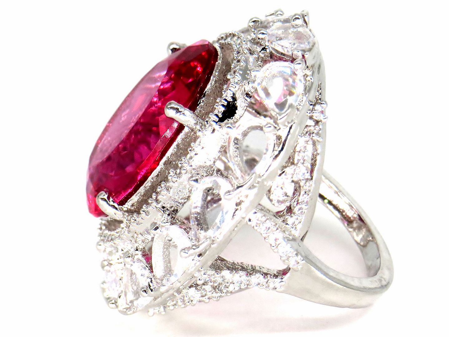 Jewelshingar Jewellery American Diamond Pink Colour Size 13 Silver Plated Ring For Girls ( 58984RIN )