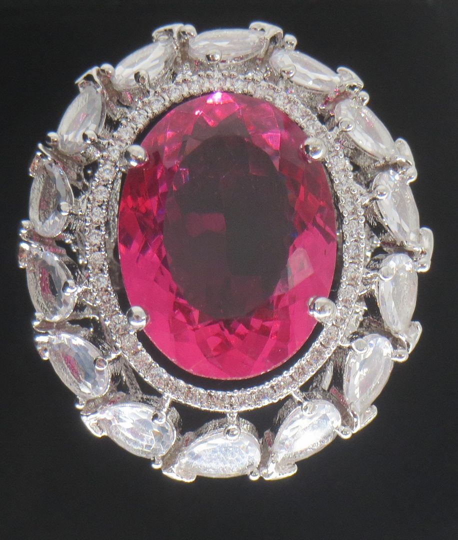 Jewelshingar Jewellery American Diamond Pink Colour Size 13 Silver Plated Ring For Girls ( 58984RIN )