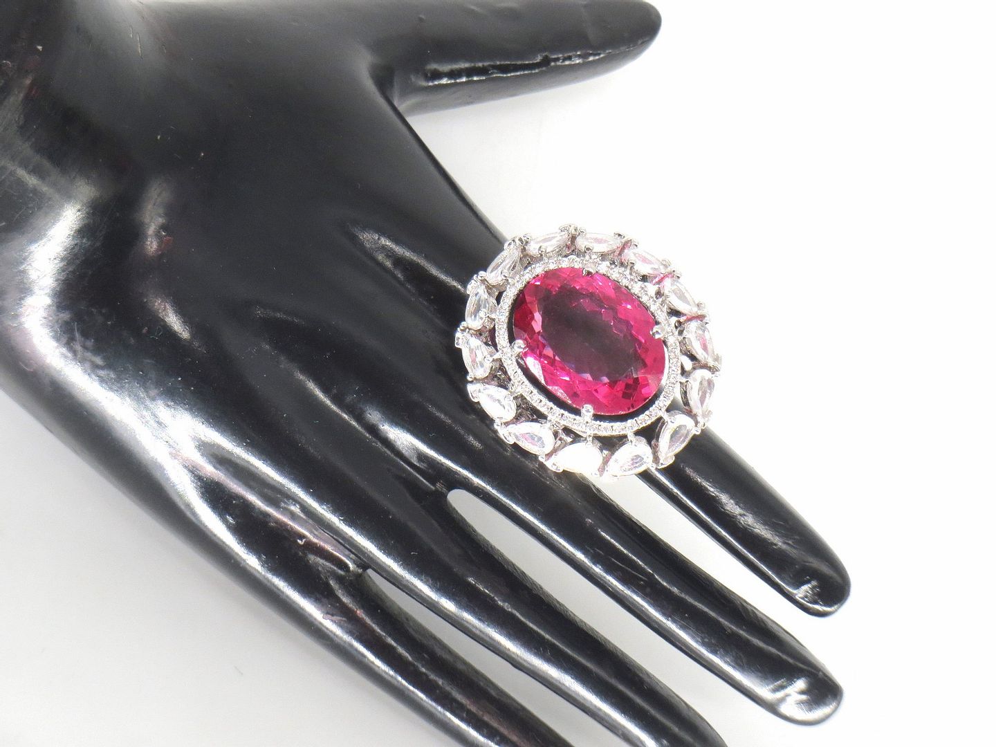 Jewelshingar Jewellery American Diamond Pink Colour Size 13 Silver Plated Ring For Girls ( 58984RIN )