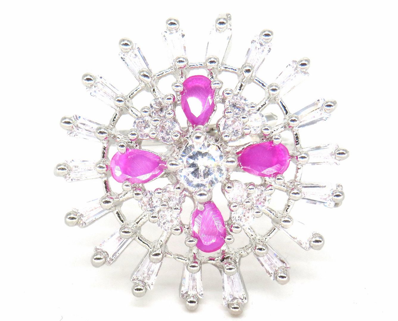 Jewelshingar Jewellery American Diamond Pink Colour Size Freesize Silver Plated Ring For Girls ( 59648FSR )