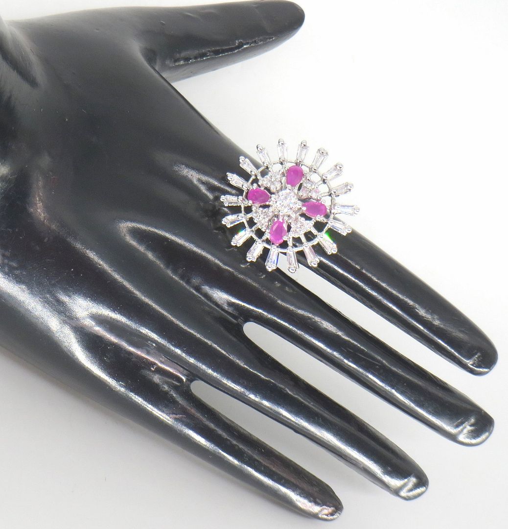 Jewelshingar Jewellery American Diamond Pink Colour Size Freesize Silver Plated Ring For Girls ( 59648FSR )