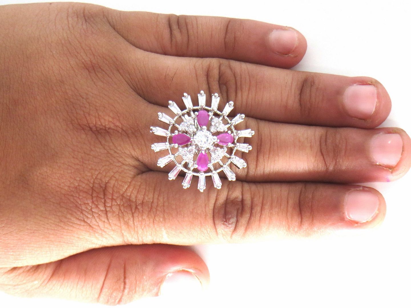 Jewelshingar Jewellery American Diamond Pink Colour Size Freesize Silver Plated Ring For Girls ( 59648FSR )