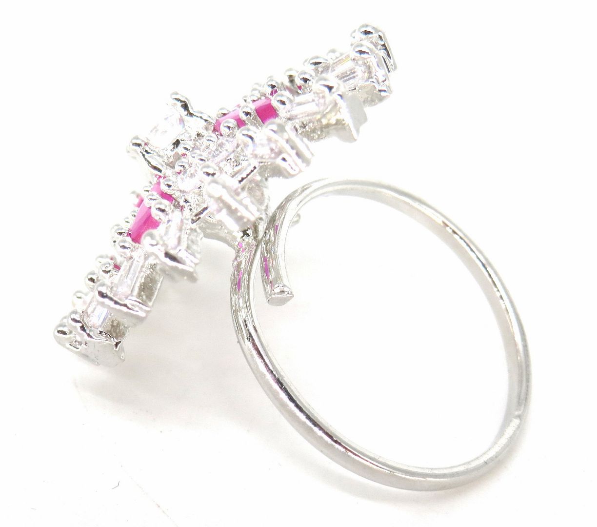 Jewelshingar Jewellery American Diamond Pink Colour Size Freesize Silver Plated Ring For Girls ( 59648FSR )