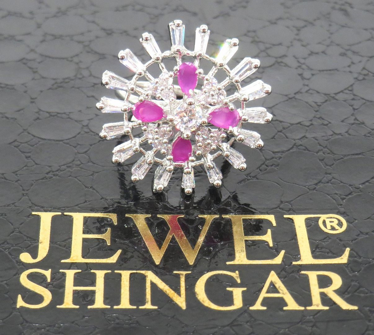 Jewelshingar Jewellery American Diamond Pink Colour Size Freesize Silver Plated Ring For Girls ( 59648FSR )