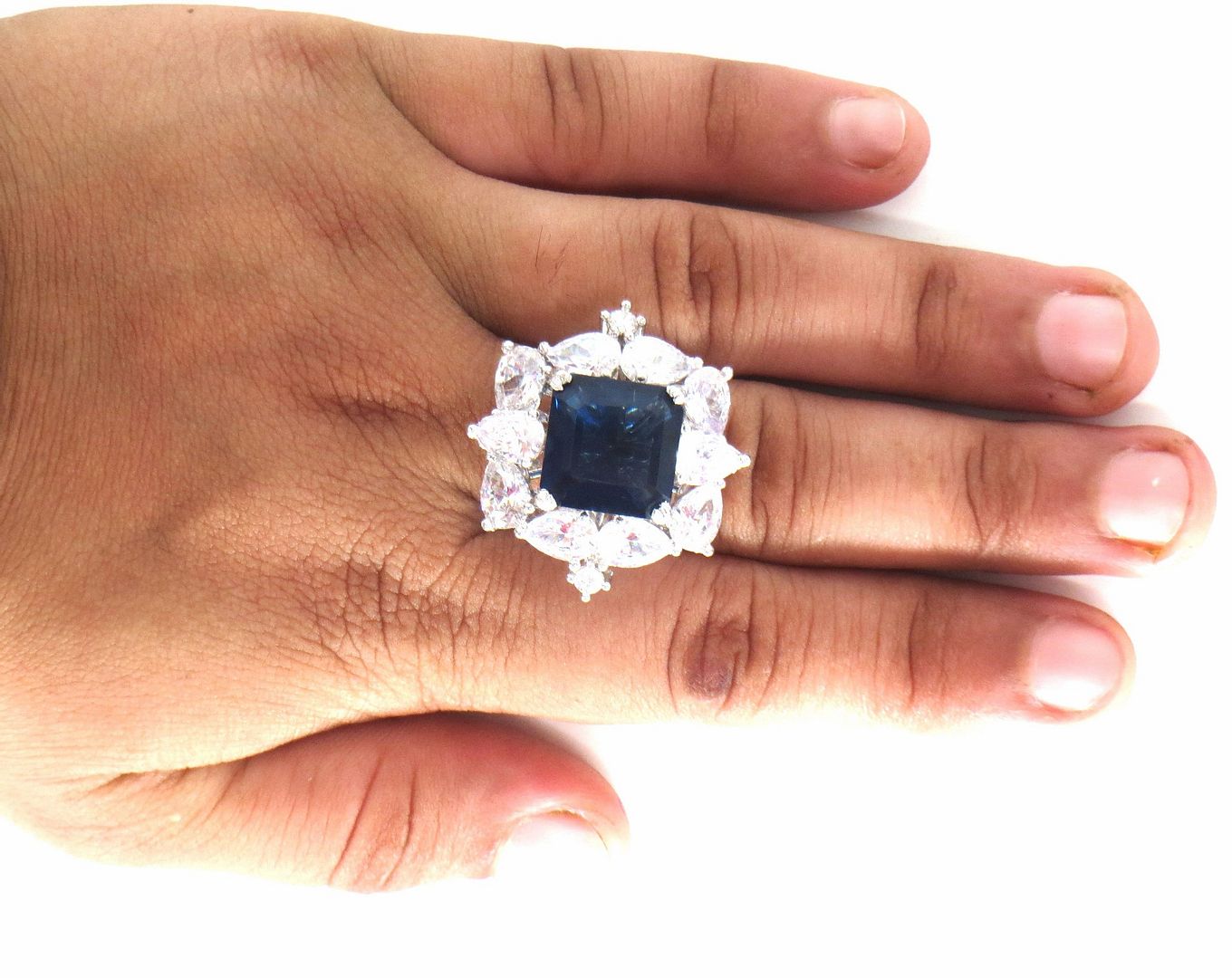 Jewelshingar Jewellery American Diamond Blue Colour Size Freesize Silver Plated Ring For Girls ( 59728FSR )