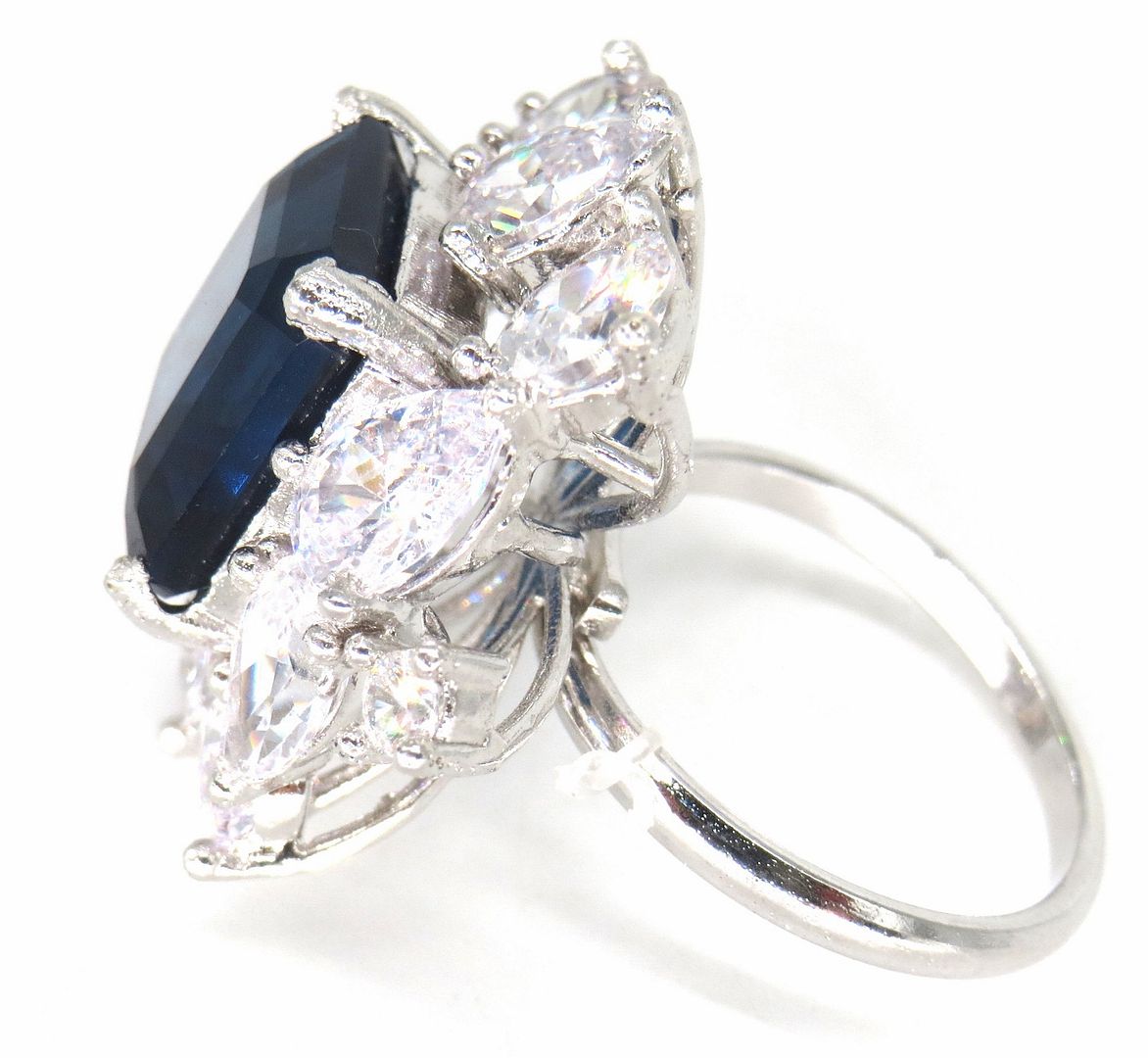 Jewelshingar Jewellery American Diamond Blue Colour Size Freesize Silver Plated Ring For Girls ( 59728FSR )