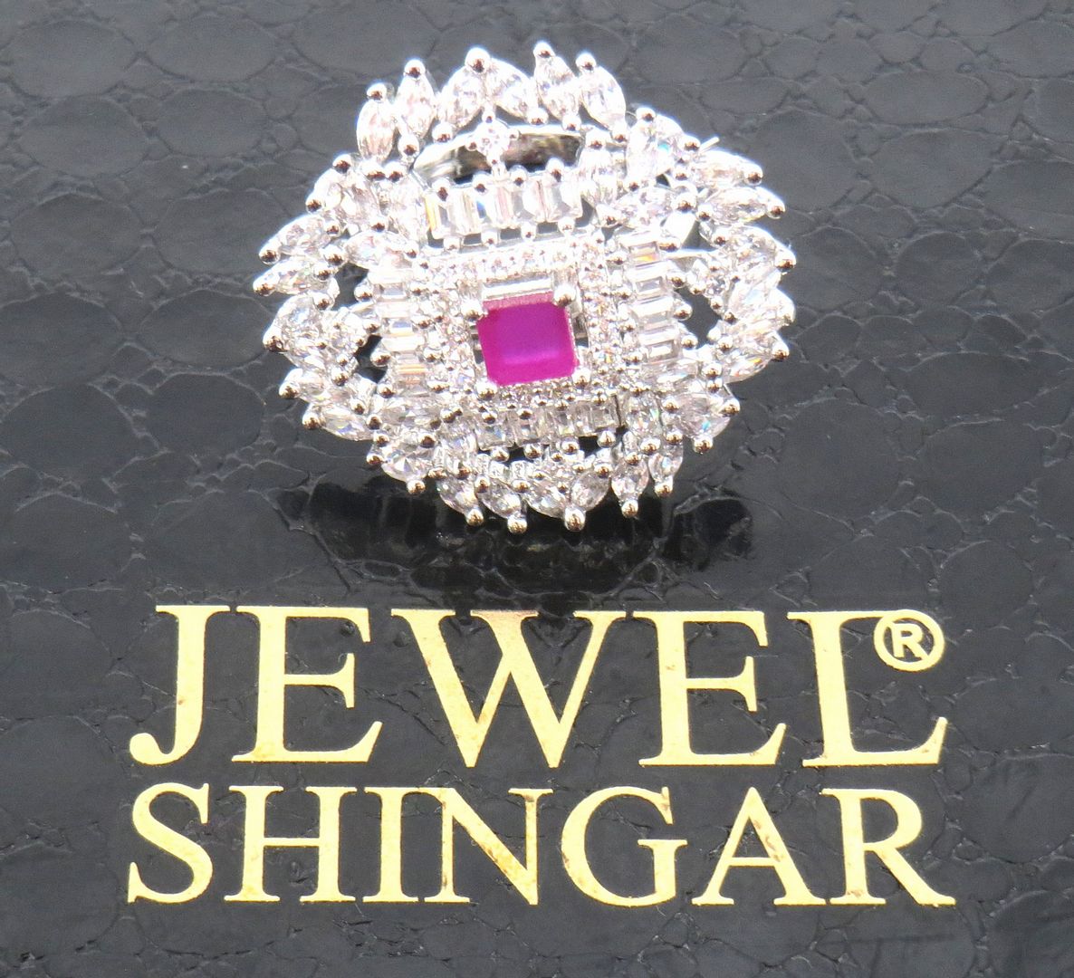 Jewelshingar Jewellery American Diamond Pink Colour Size Freesize Silver Plated Ring For Girls ( 59735FSR )