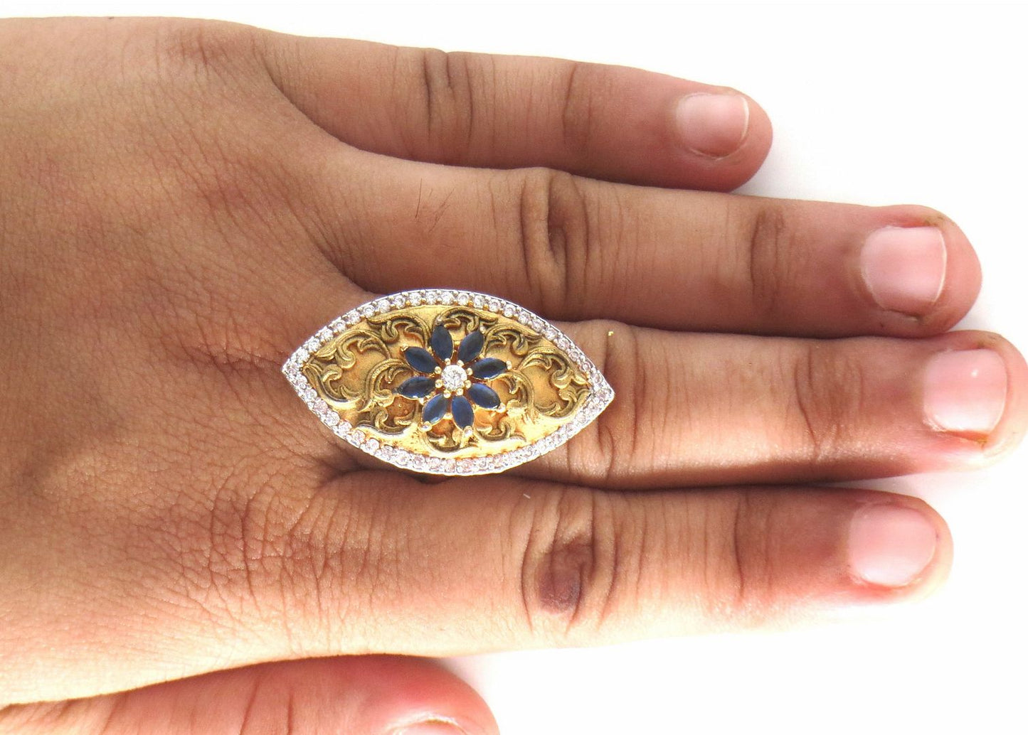 Jewelshingar Jewellery American Diamond Blue Colour Size Freesize Gold Plated Ring For Girls ( 59774FSR )
