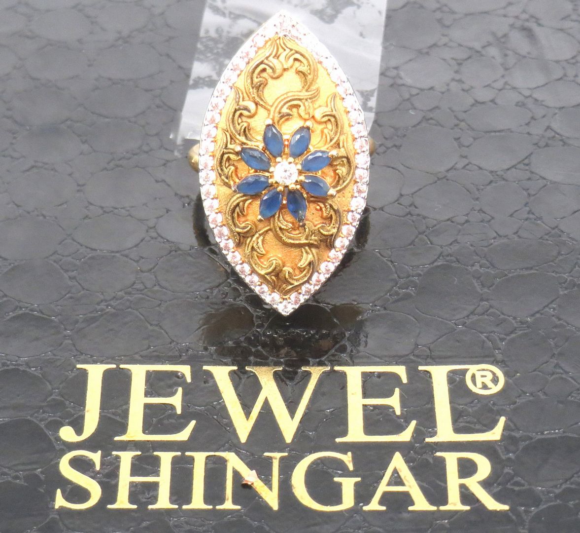 Jewelshingar Jewellery American Diamond Blue Colour Size Freesize Gold Plated Ring For Girls ( 59774FSR )