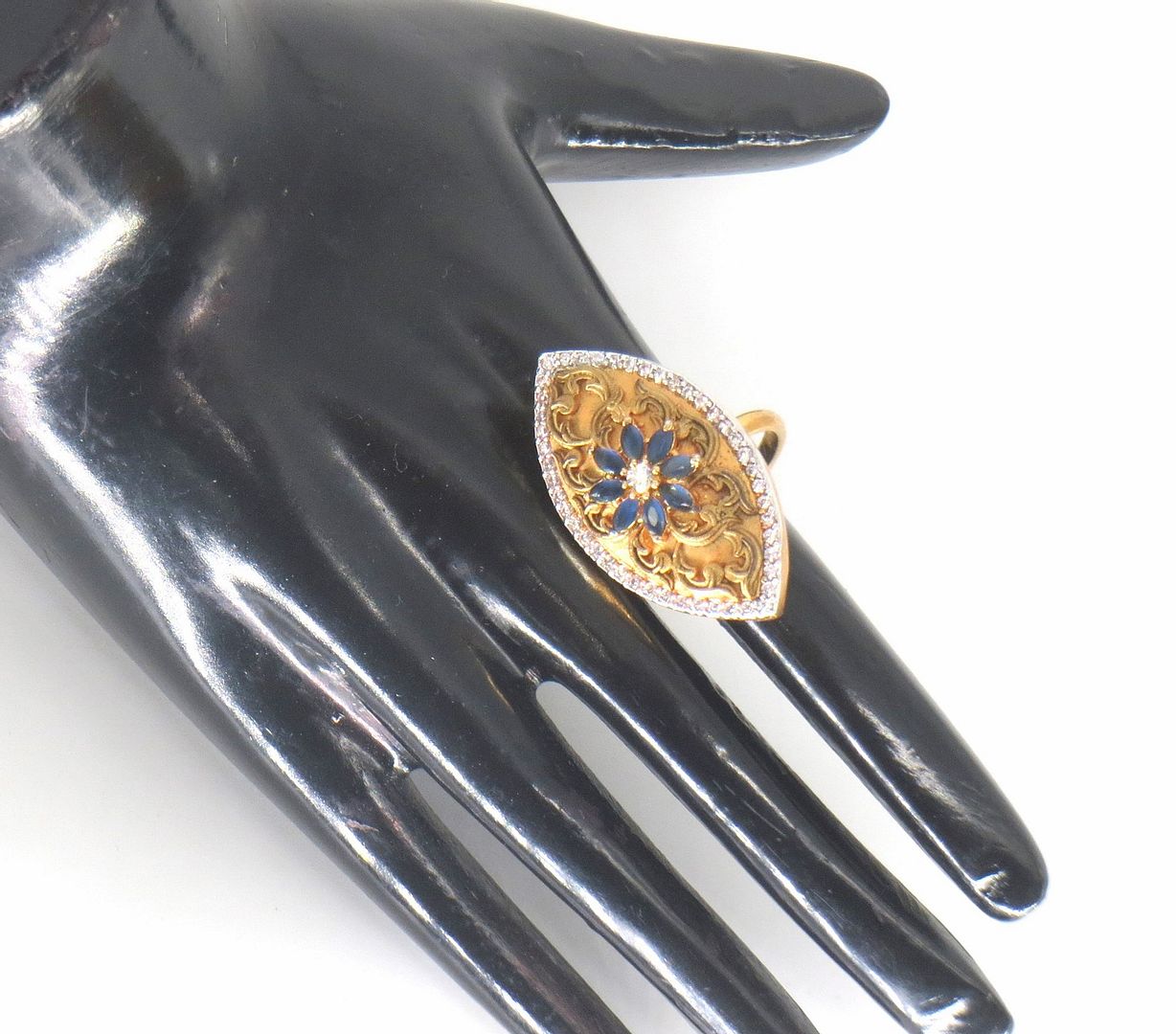 Jewelshingar Jewellery American Diamond Blue Colour Size Freesize Gold Plated Ring For Girls ( 59774FSR )