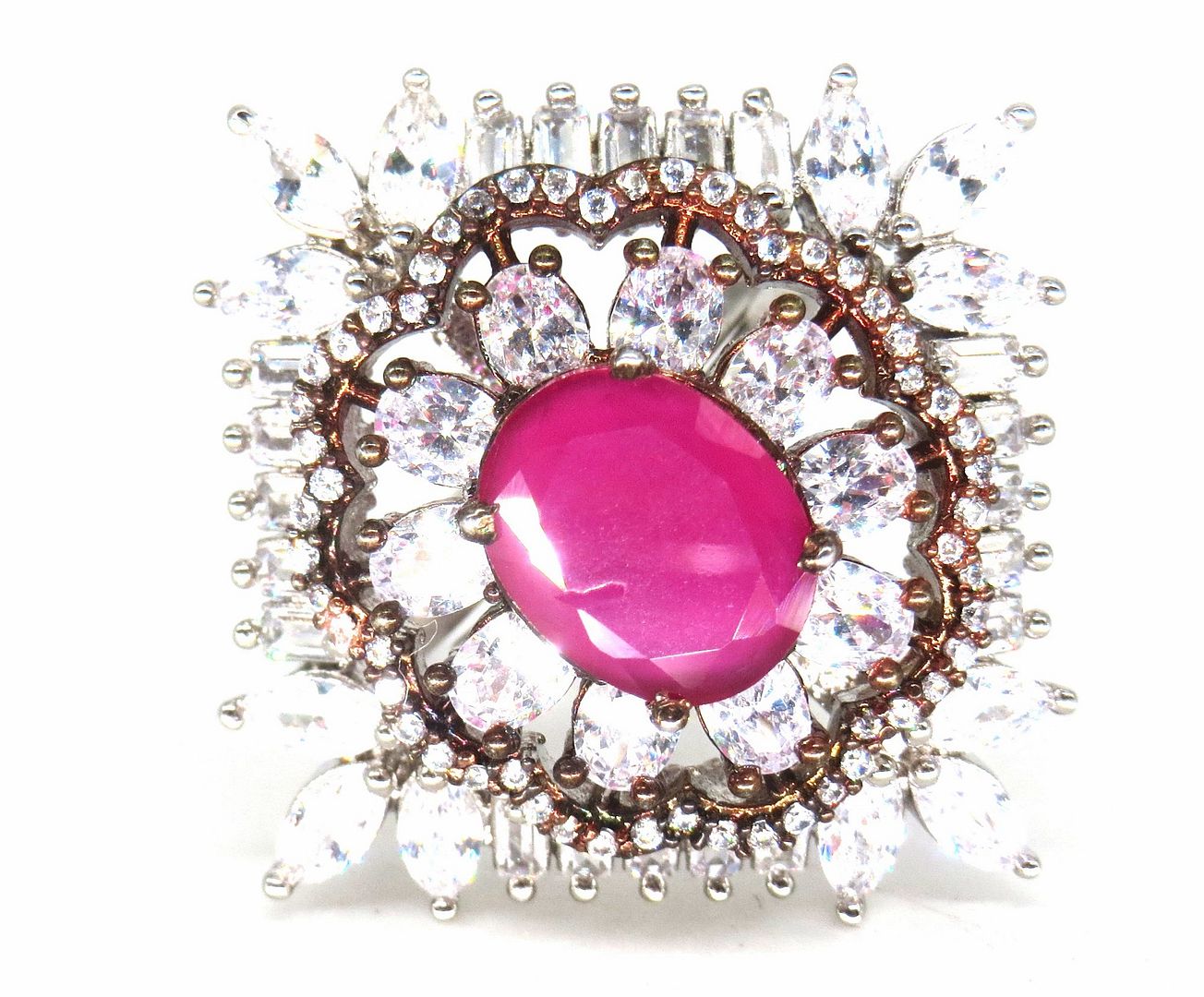 Jewelshingar Jewellery American Diamond Pink Colour Size Freesize Rose Gold Silver Plated Ring For Girls ( 59845FSR )