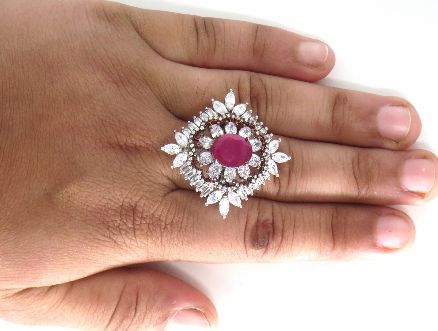 Jewelshingar Jewellery American Diamond Pink Colour Size Freesize Rose Gold Silver Plated Ring For Girls ( 59845FSR )