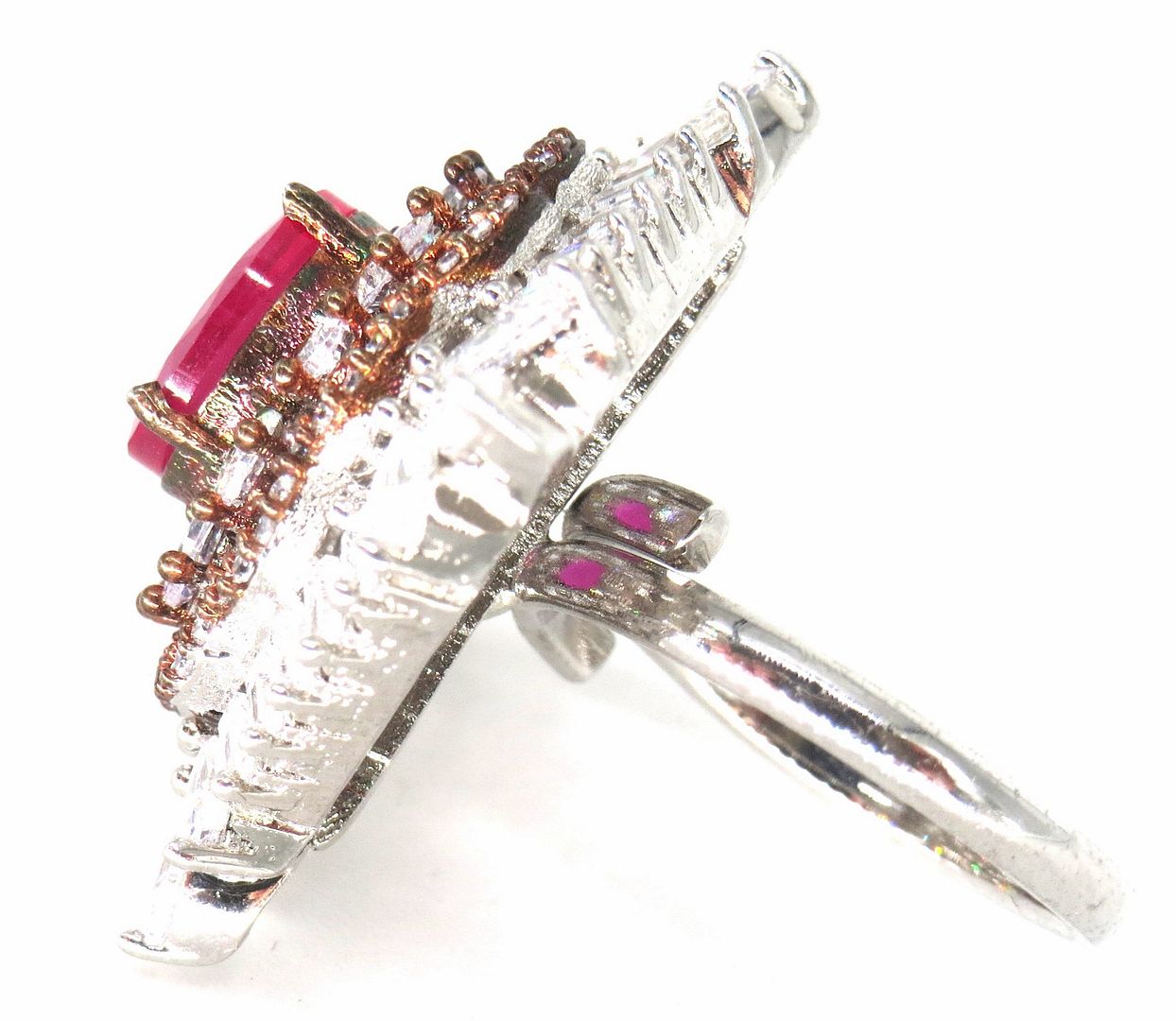 Jewelshingar Jewellery American Diamond Pink Colour Size Freesize Rose Gold Silver Plated Ring For Girls ( 59845FSR )