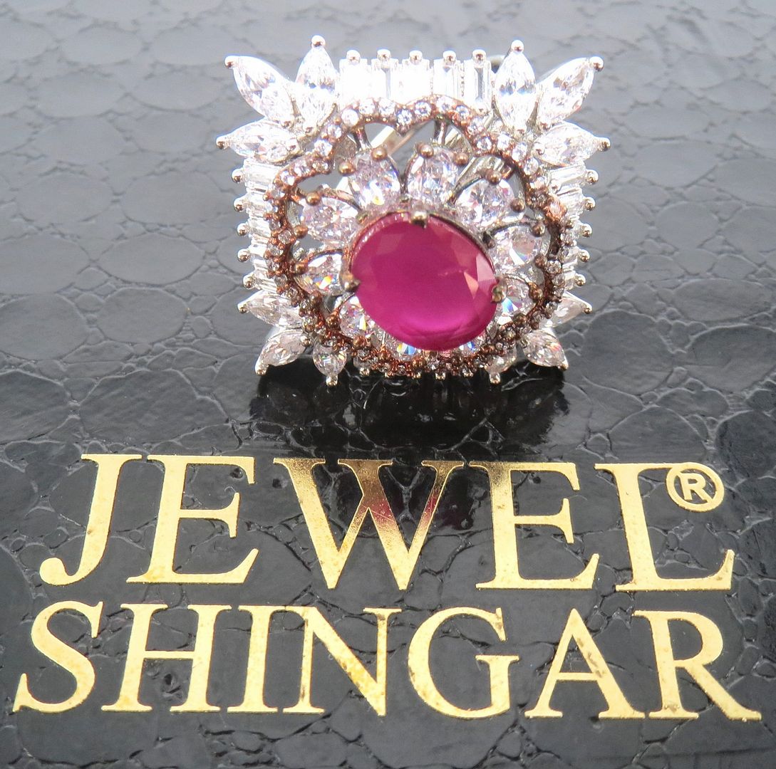Jewelshingar Jewellery American Diamond Pink Colour Size Freesize Rose Gold Silver Plated Ring For Girls ( 59845FSR )